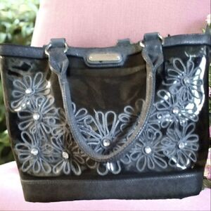 NICOLE LEE TOTE by SUZY HAN SMOKE CLEAR EMBROIDERED FLORAL RHINESTONES RARE